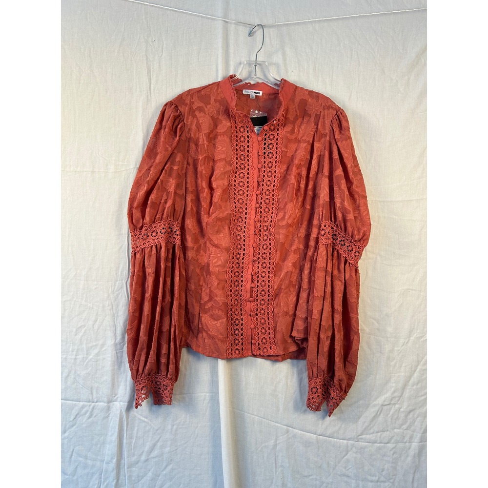 Fashion Nova Blouse Marsala Orange Crochet Lace Floral 2X NWT #2265